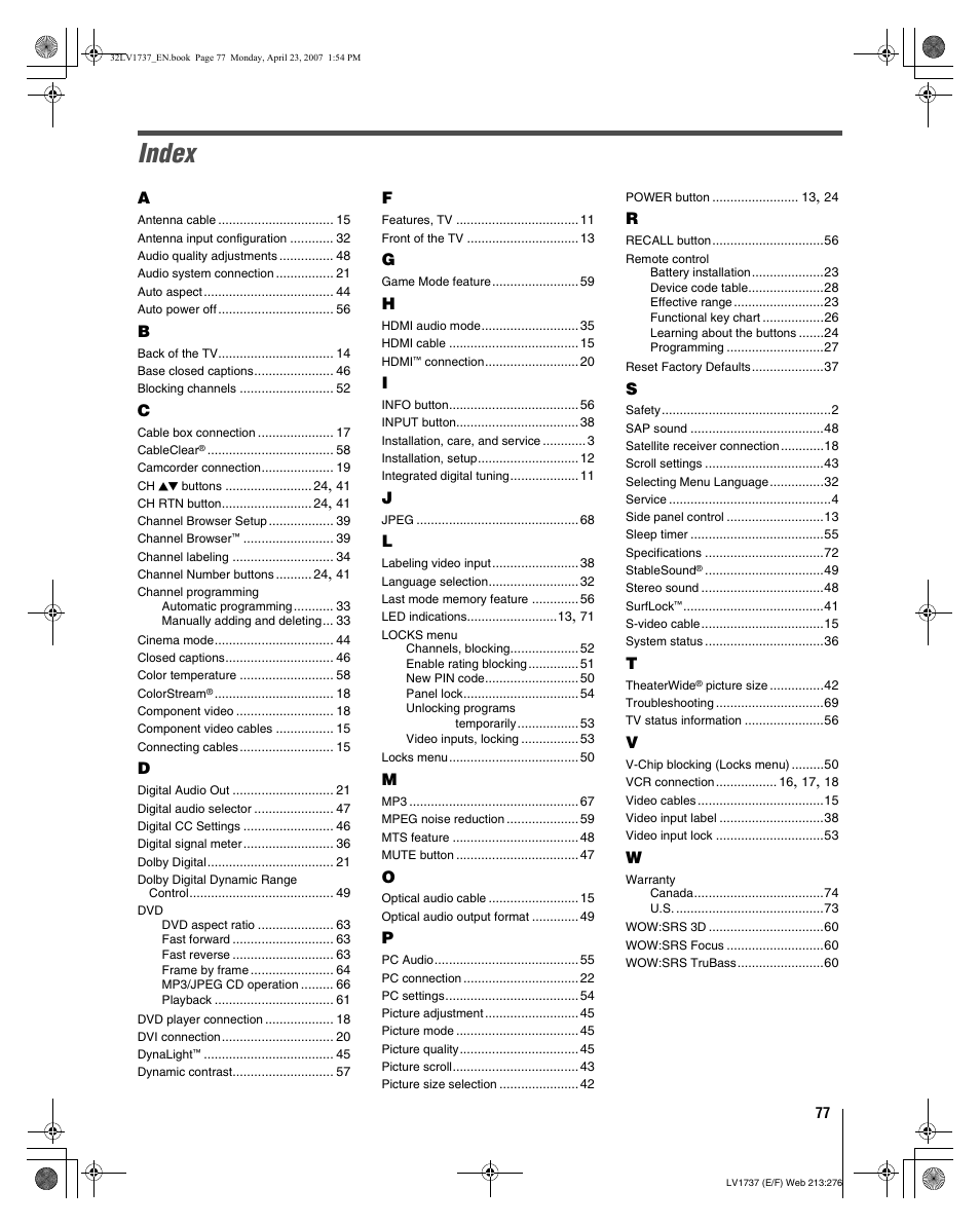 Index | Toshiba 32LV37 User Manual | Page 77 / 78