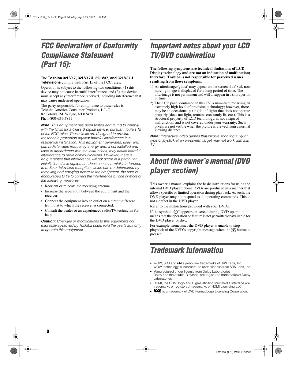 Trademark information | Toshiba 32LV37 User Manual | Page 8 / 78