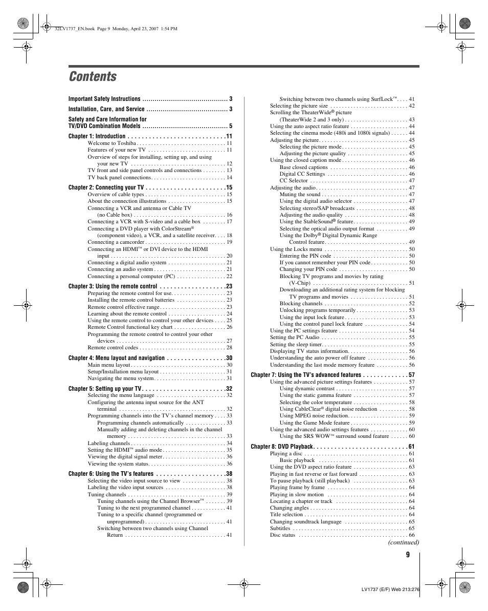 Toshiba 32LV37 User Manual | Page 9 / 78