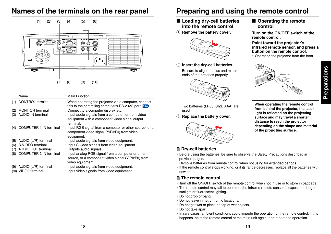 Names of the terminals on the rear panel, Preparing and using the remote control, P.19 | P.18, Preparations | Toshiba TDP-T95 User Manual | Page 10 / 28
