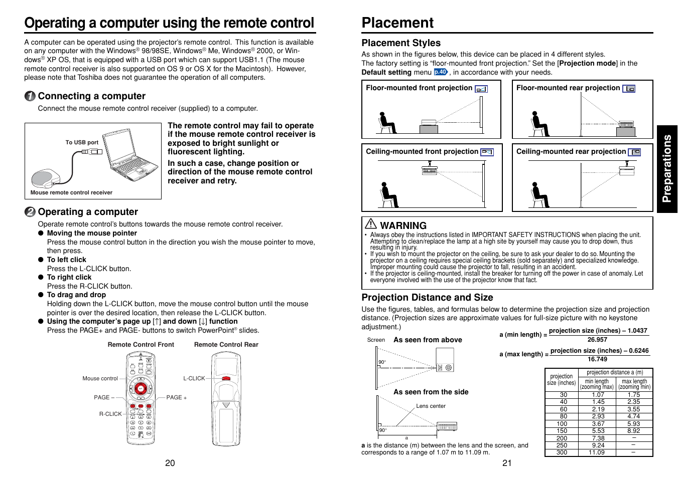 Operating a computer using the remote control, Placement, P.20 | Preparations, Placement styles, Warning, Connecting a computer, Operating a computer, Projection distance and size | Toshiba TDP-T95 User Manual | Page 11 / 28