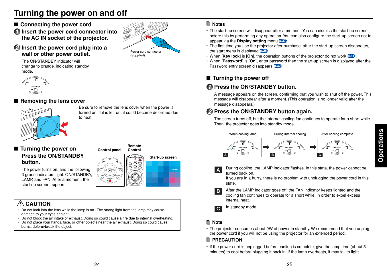 Operations, Turning the power on and off, P.24 | P.25 | Toshiba TDP-T95 User Manual | Page 13 / 28