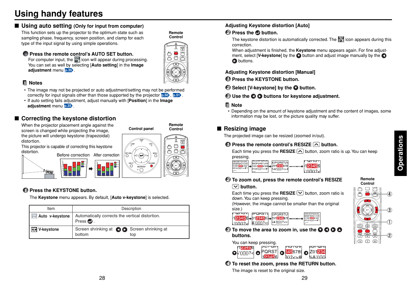 Using handy features, Using auto setting (only for input from computer), Correcting the keystone distortion | Resizing image, P.28, P.29, Operations | Toshiba TDP-T95 User Manual | Page 15 / 28