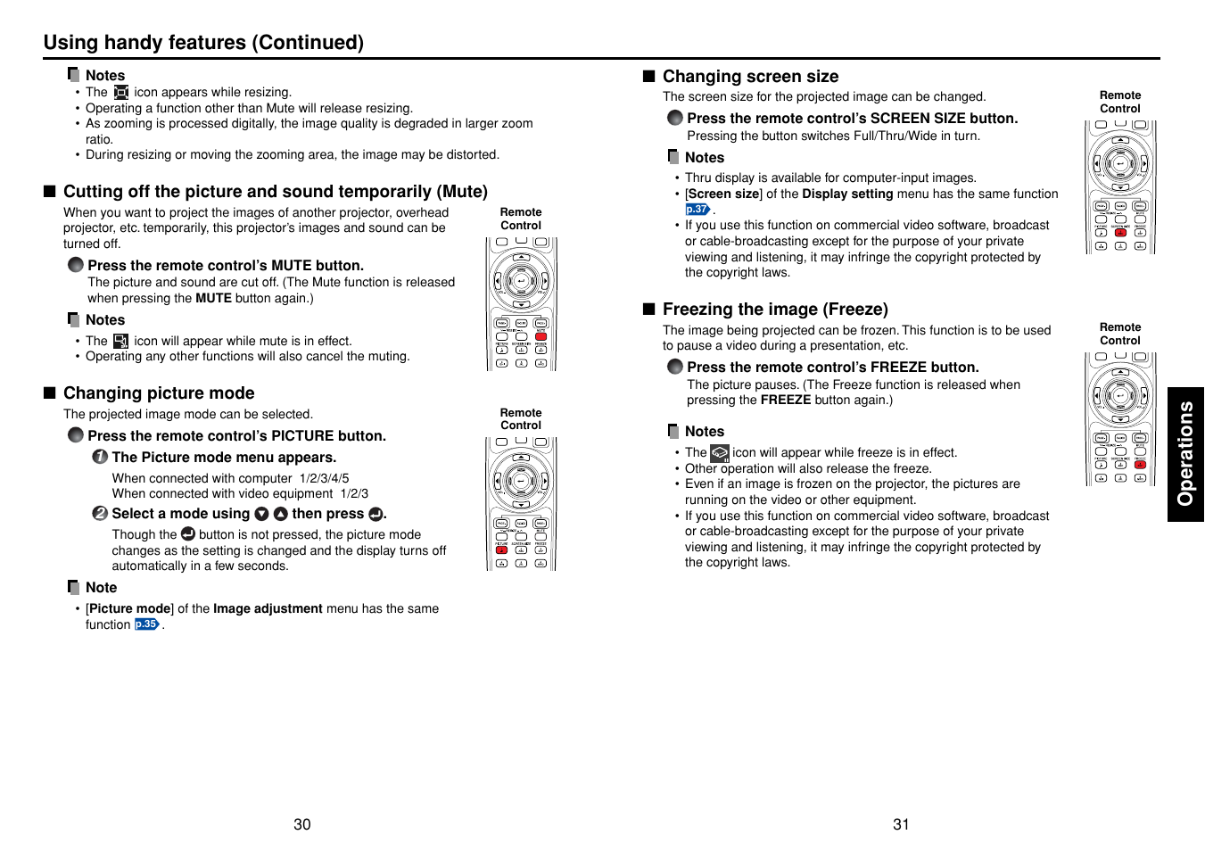 Changing picture mode, Changing screen size, Freezing the image (freeze) | P.30, P.31, Operations, Using handy features (continued) | Toshiba TDP-T95 User Manual | Page 16 / 28