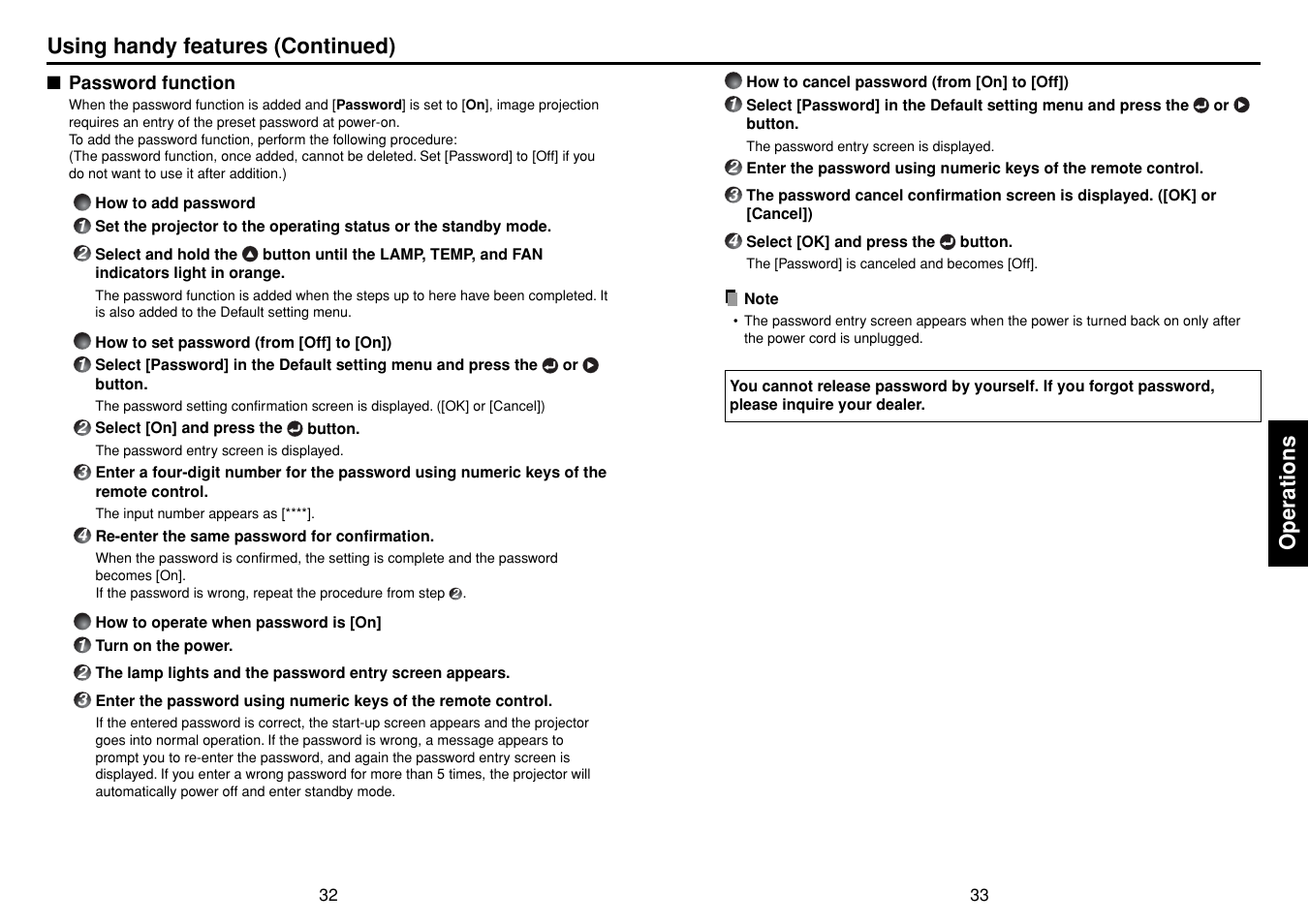 Password function, P.32, Operations | Using handy features (continued) | Toshiba TDP-T95 User Manual | Page 17 / 28
