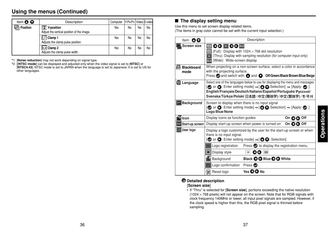 The display setting menu, P.37, Operations | Using the menus (continued) | Toshiba TDP-T95 User Manual | Page 19 / 28