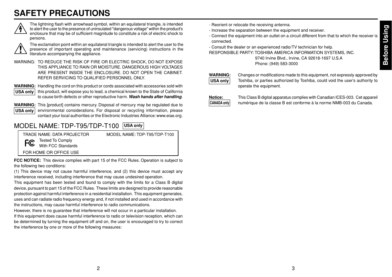 Before using, Safety precautions | Toshiba TDP-T95 User Manual | Page 2 / 28