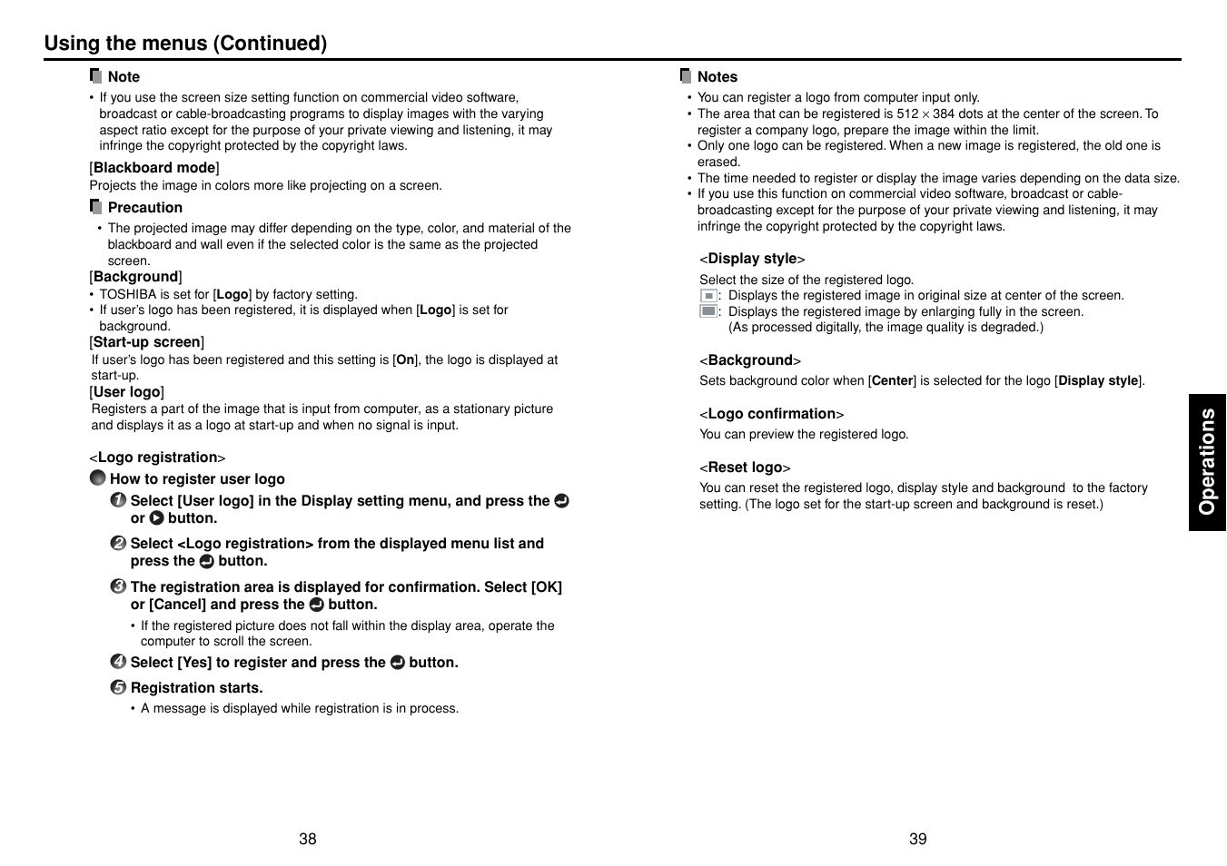 Operations, Using the menus (continued) | Toshiba TDP-T95 User Manual | Page 20 / 28