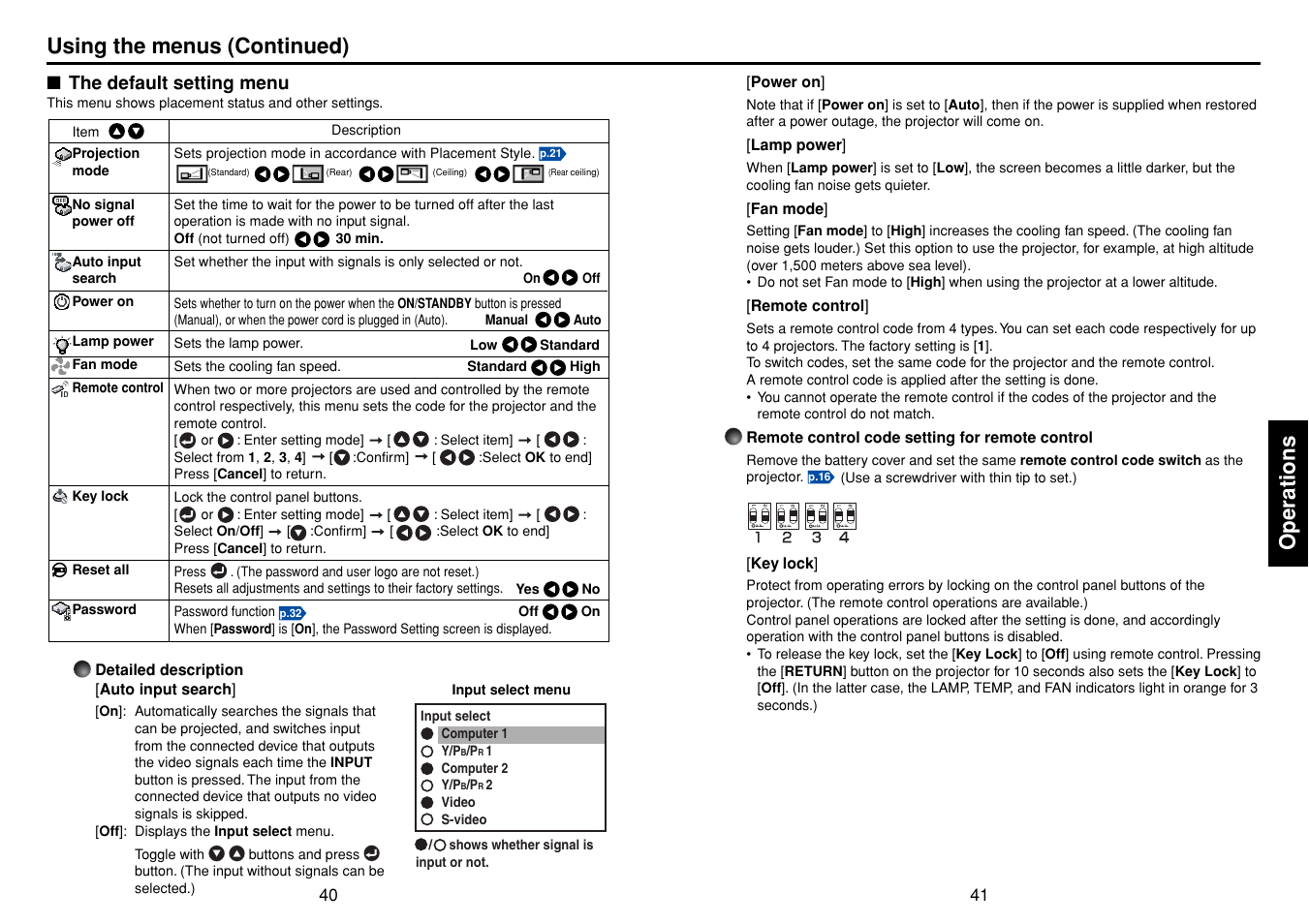 The default setting menu, P.41, P.40 | Operations, Using the menus (continued) | Toshiba TDP-T95 User Manual | Page 21 / 28