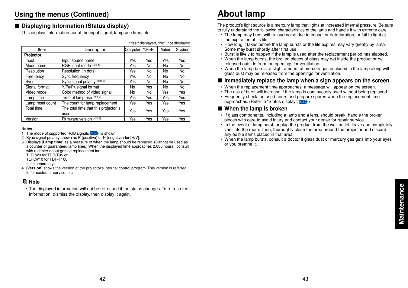 Displaying information (status display), Maintenance, About lamp | P.42, Using the menus (continued) | Toshiba TDP-T95 User Manual | Page 22 / 28