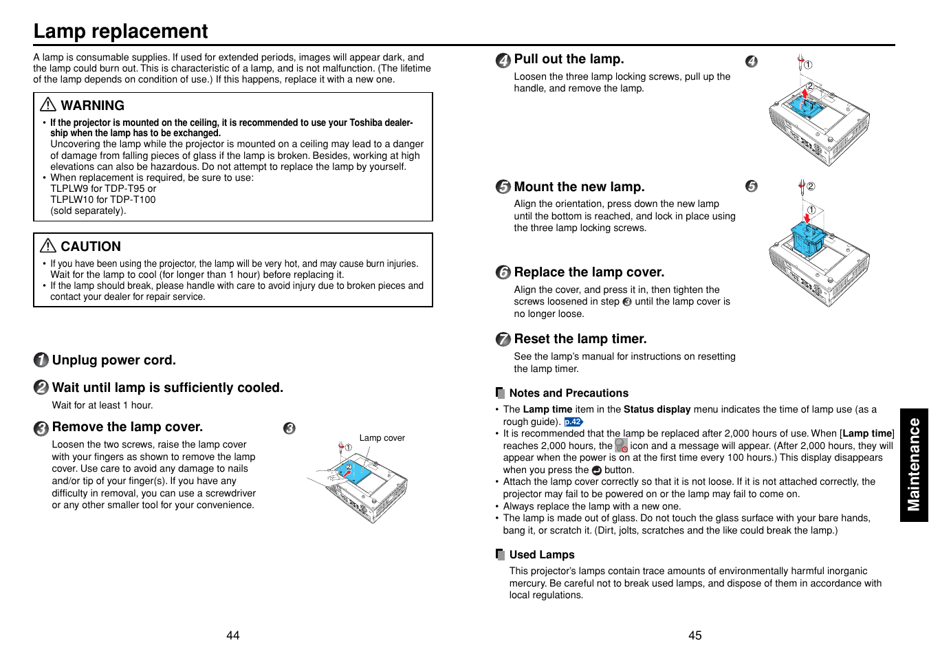 Lamp replacement, P.44, Maintenance | Toshiba TDP-T95 User Manual | Page 23 / 28