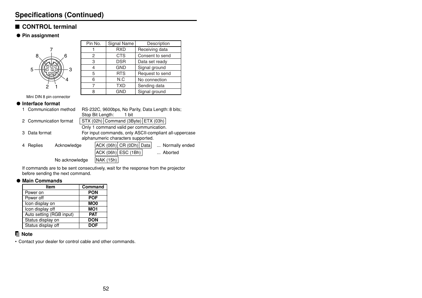 Control terminal, Specifications (continued) | Toshiba TDP-T95 User Manual | Page 27 / 28