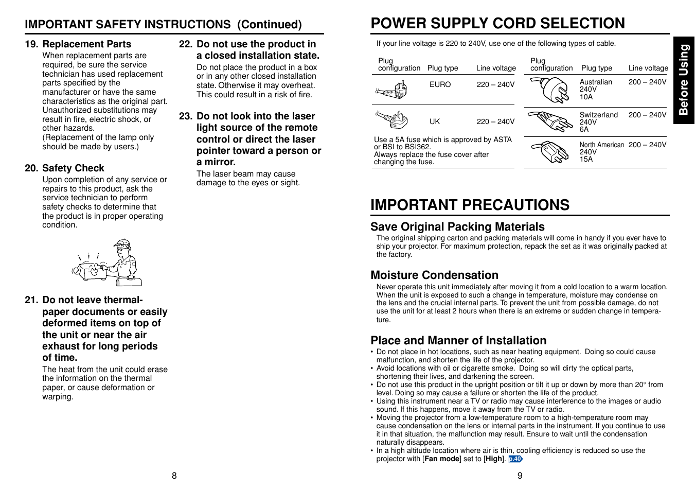 Power supply cord selection, Important precautions, Before using | Save original packing materials, Moisture condensation, Place and manner of installation, Important safety instructions (continued) | Toshiba TDP-T95 User Manual | Page 5 / 28