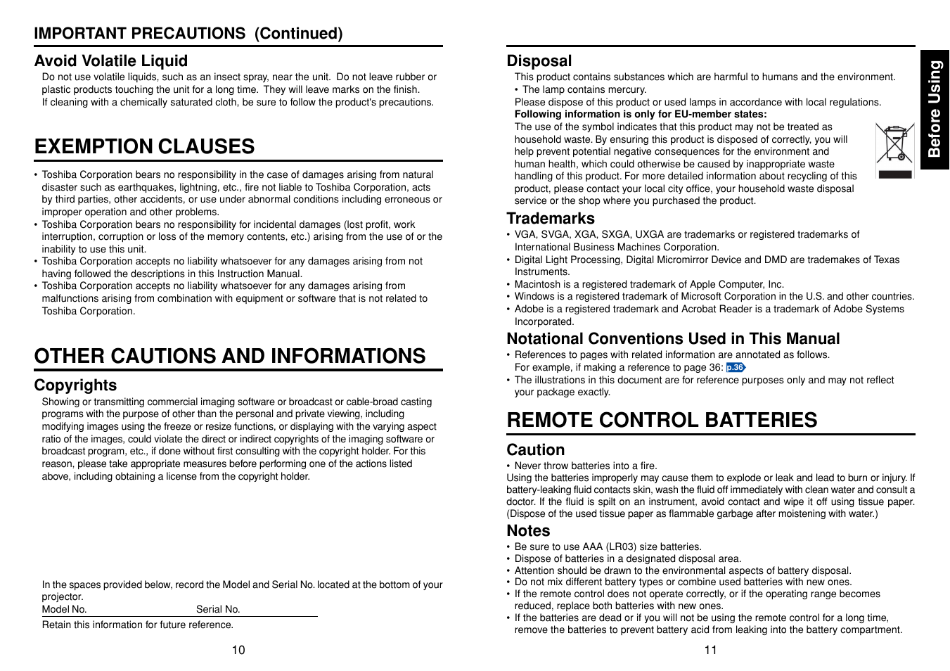 Exemption clauses, Other cautions and informations, Remote control batteries | Toshiba TDP-T95 User Manual | Page 6 / 28
