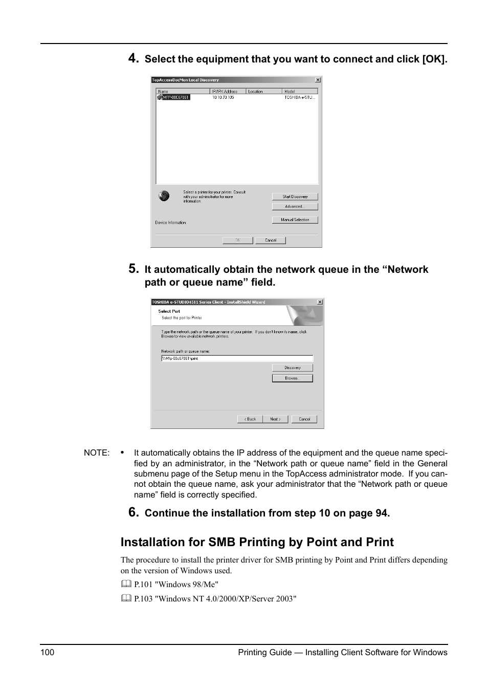 Installation for smb printing by point and print | Toshiba ESTUDIO 3511 User Manual | Page 100 / 382