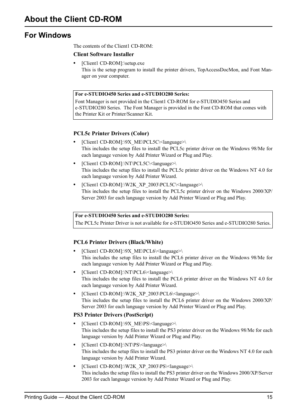 About the client cd-rom, For windows | Toshiba ESTUDIO 3511 User Manual | Page 15 / 382