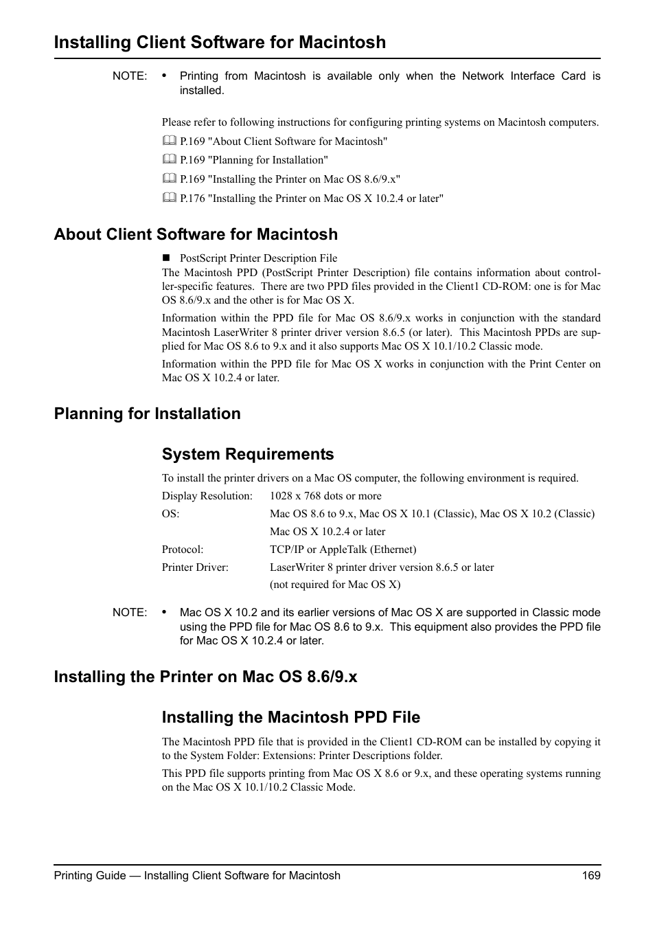 Installing client software for macintosh, About client software for macintosh, Planning for installation | System requirements, Installing the printer on mac os 8.6/9.x, Installing the macintosh ppd file, P.169 "about client software for macintosh, Planning for installation system requirements | Toshiba ESTUDIO 3511 User Manual | Page 169 / 382