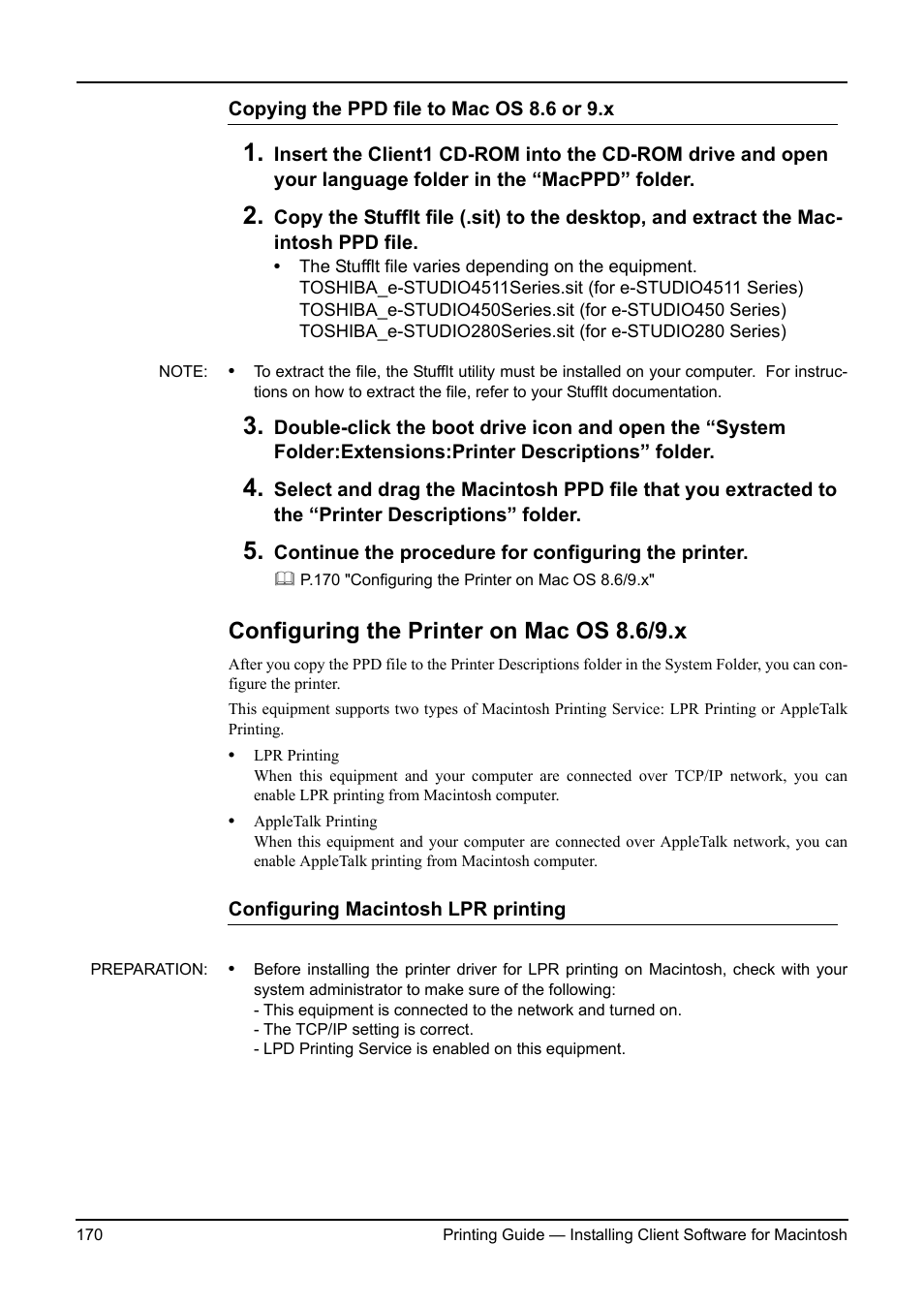 Configuring the printer on mac os 8.6/9.x | Toshiba ESTUDIO 3511 User Manual | Page 170 / 382