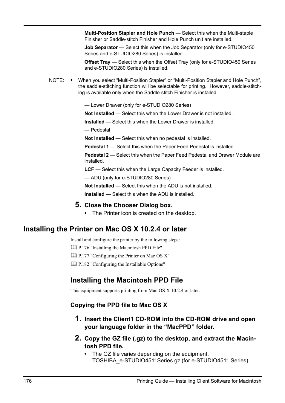 Installing the printer on mac os x 10.2.4 or later, Installing the macintosh ppd file | Toshiba ESTUDIO 3511 User Manual | Page 176 / 382