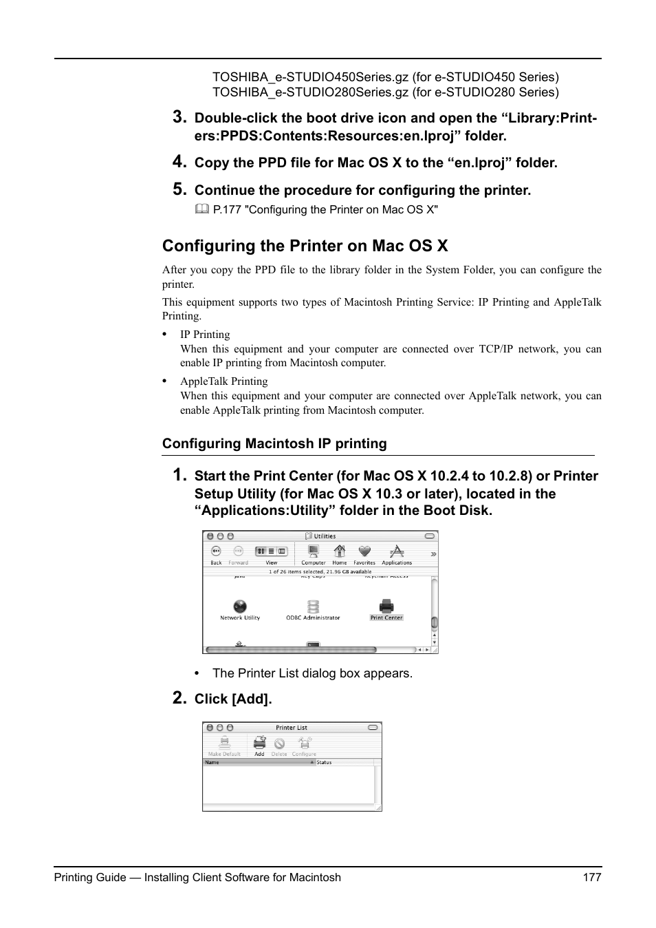 Configuring the printer on mac os x, P.177 "configuring the printer on mac os x | Toshiba ESTUDIO 3511 User Manual | Page 177 / 382