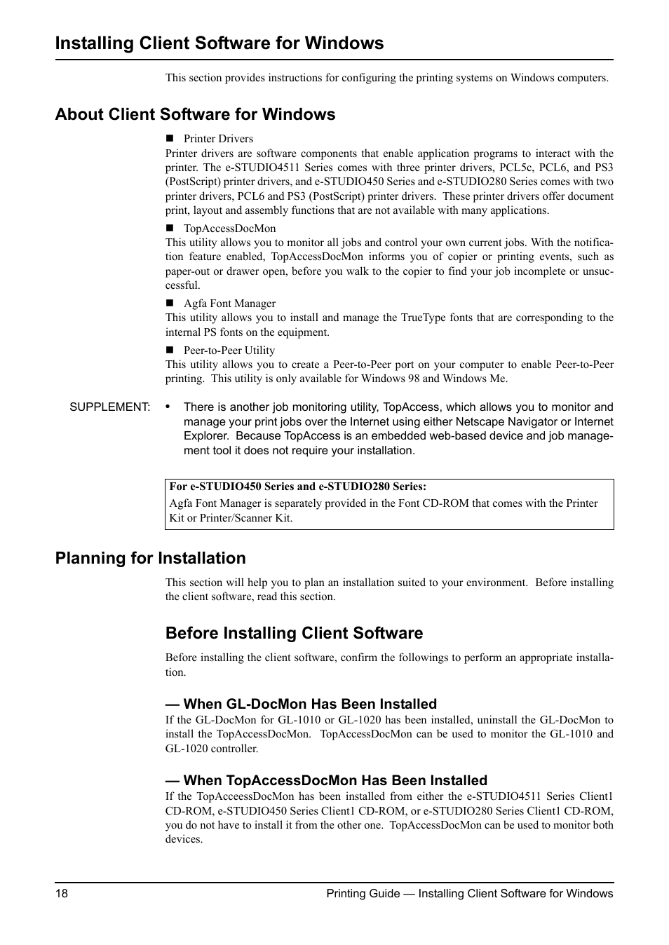 Installing client software for windows, About client software for windows, Planning for installation | Before installing client software, When gl-docmon has been installed, When topaccessdocmon has been installed, P.18 "about client software for windows | Toshiba ESTUDIO 3511 User Manual | Page 18 / 382