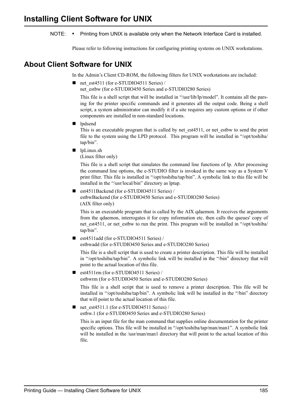 Installing client software for unix, About client software for unix, P.185 "about client software for unix | Toshiba ESTUDIO 3511 User Manual | Page 185 / 382