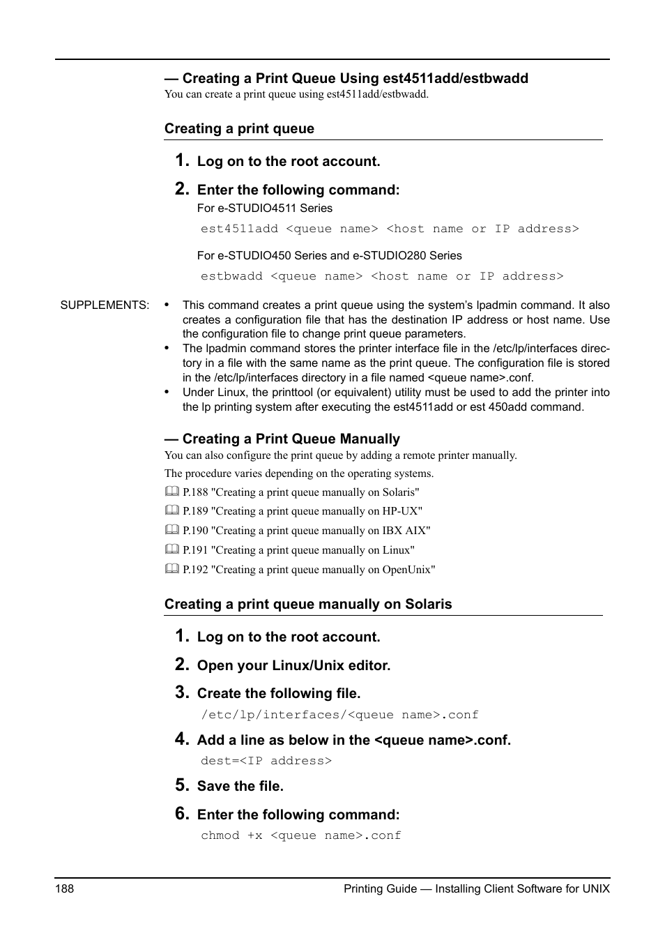 Creating a print queue using est4511add/estbwadd, Creating a print queue manually, P.188 "creating a print queue manually | Toshiba ESTUDIO 3511 User Manual | Page 188 / 382