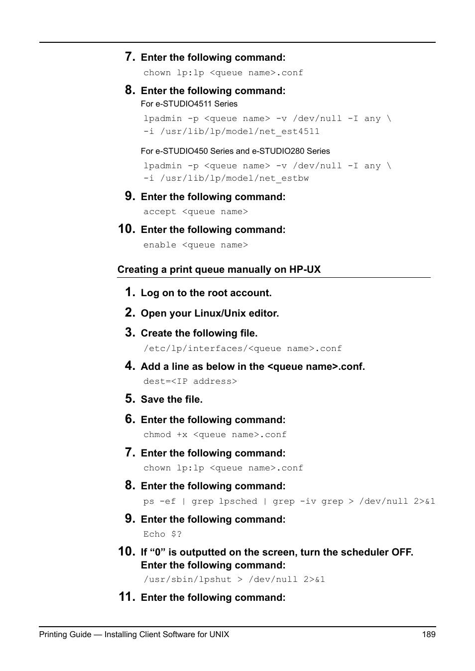 P.189 "creating a print queue manually on hp-ux | Toshiba ESTUDIO 3511 User Manual | Page 189 / 382