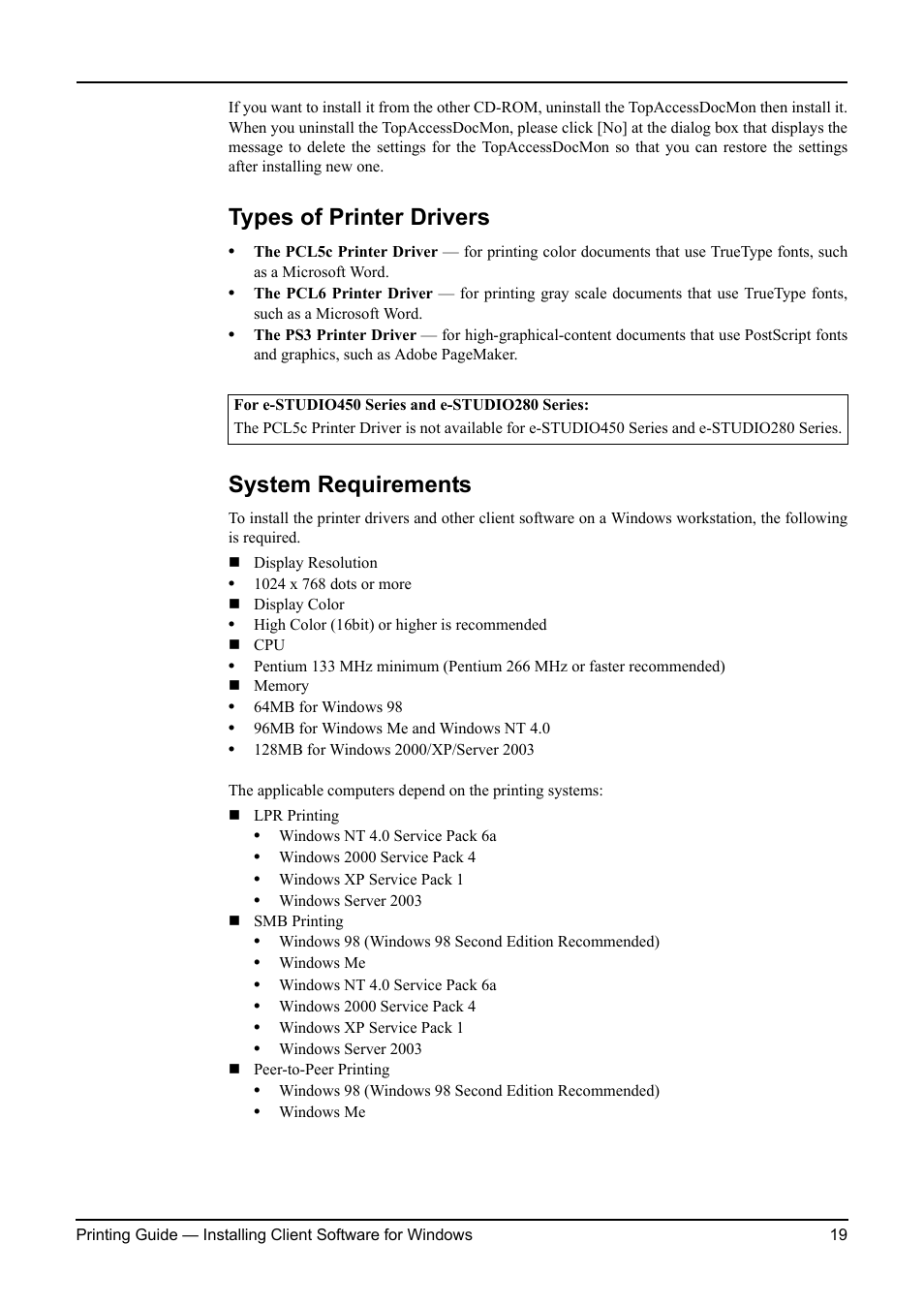 Types of printer drivers, System requirements, Types of printer drivers system requirements | Toshiba ESTUDIO 3511 User Manual | Page 19 / 382