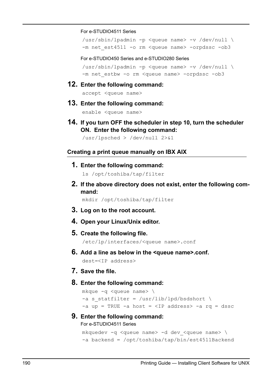 P.190 "creating a print queue manually on ibx aix | Toshiba ESTUDIO 3511 User Manual | Page 190 / 382