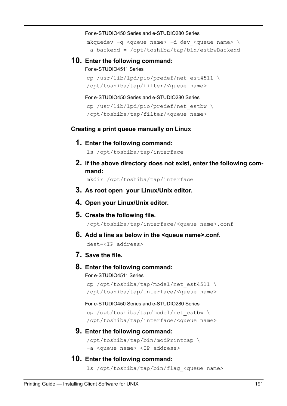 P.191 "creating a print queue manually on linux | Toshiba ESTUDIO 3511 User Manual | Page 191 / 382
