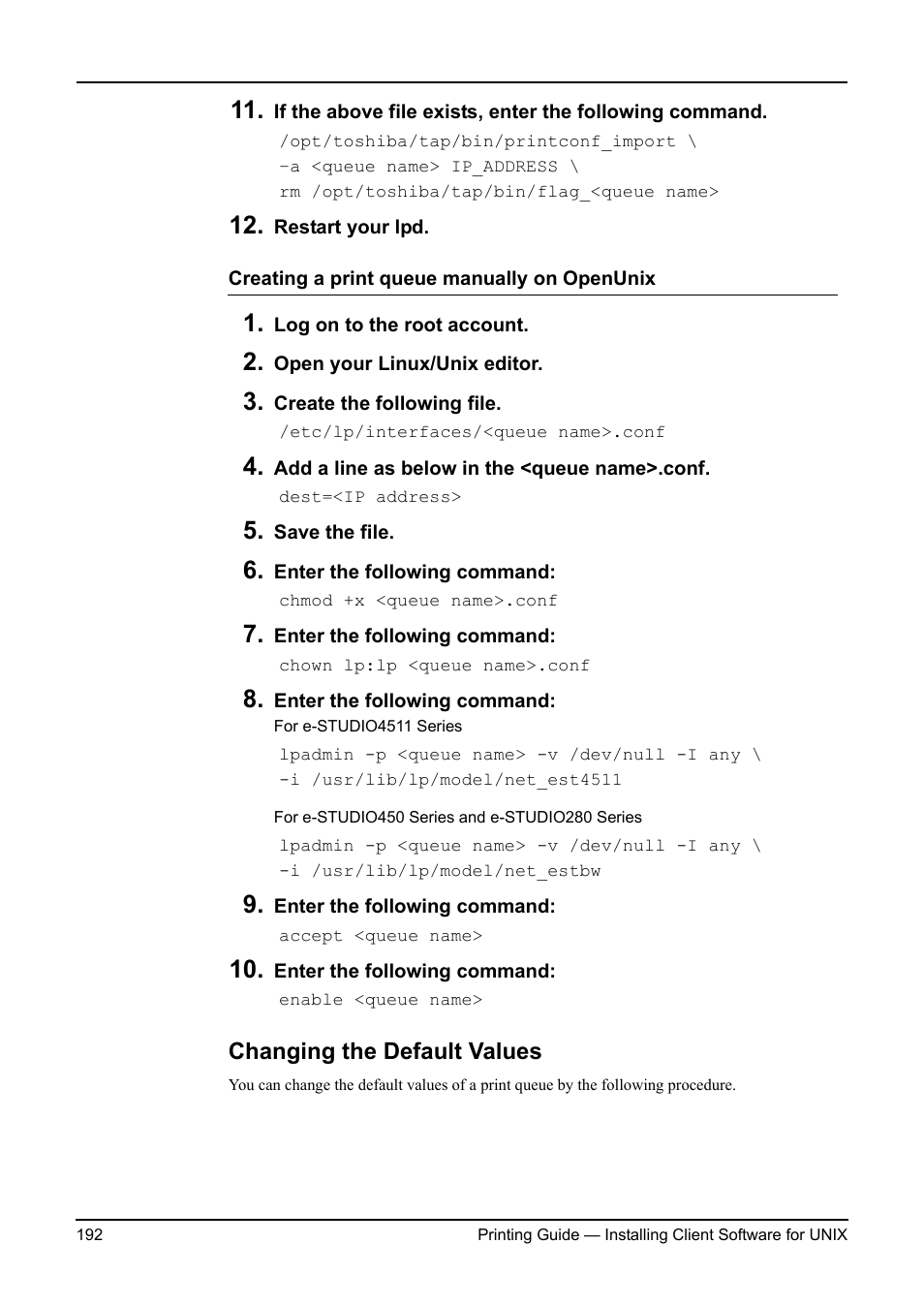 Changing the default values, P.192 "creating a print queue manually on openunix | Toshiba ESTUDIO 3511 User Manual | Page 192 / 382