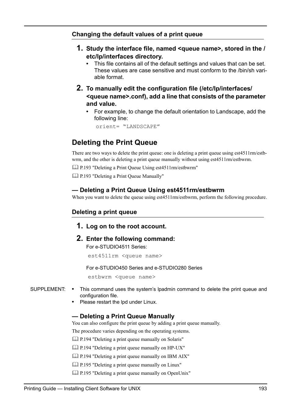 Deleting the print queue, Deleting a print queue using est4511rm/estbwrm, Deleting a print queue manually | Toshiba ESTUDIO 3511 User Manual | Page 193 / 382