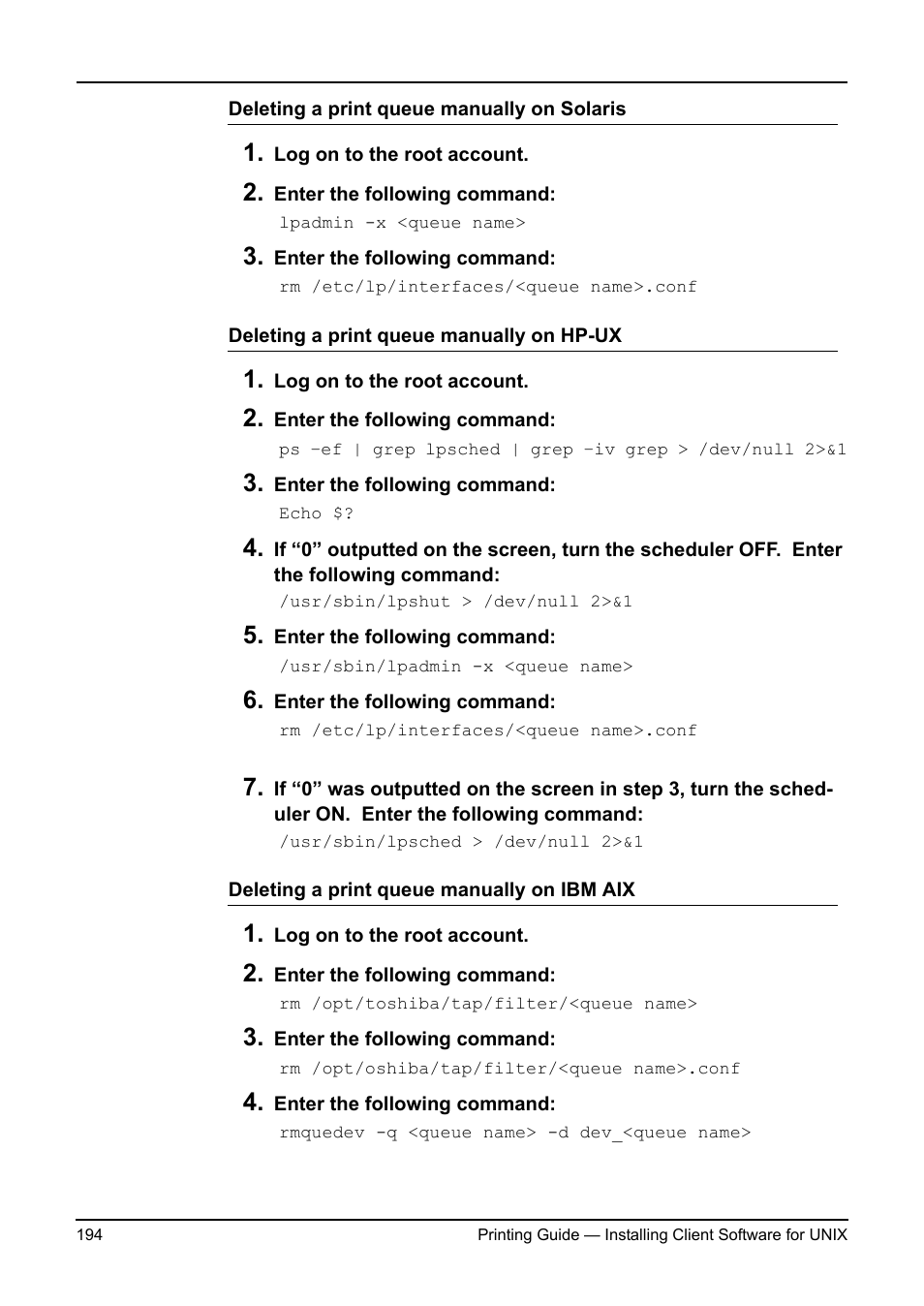 P.194 "deleting a print queue manually on solaris, P.194 "deleting a print queue manually on hp-ux, P.194 "deleting a print queue manually on ibm aix | Toshiba ESTUDIO 3511 User Manual | Page 194 / 382