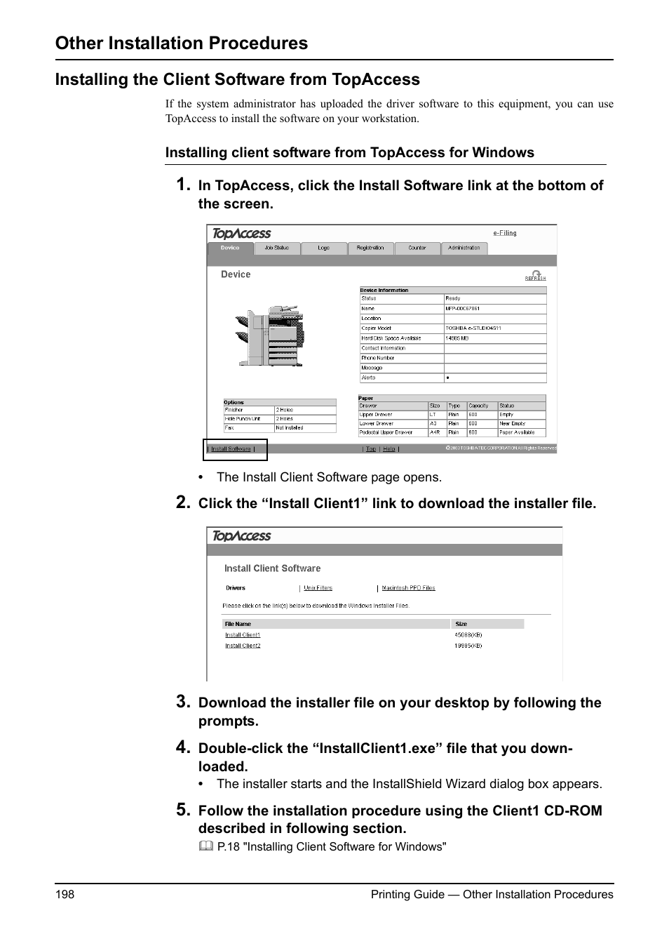 Other installation procedures, Installing the client software from topaccess | Toshiba ESTUDIO 3511 User Manual | Page 198 / 382