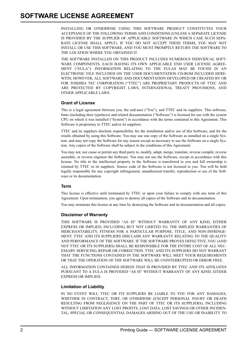 Software license agreement | Toshiba ESTUDIO 3511 User Manual | Page 2 / 382