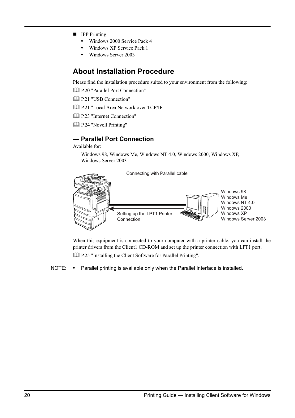 About installation procedure, Parallel port connection | Toshiba ESTUDIO 3511 User Manual | Page 20 / 382