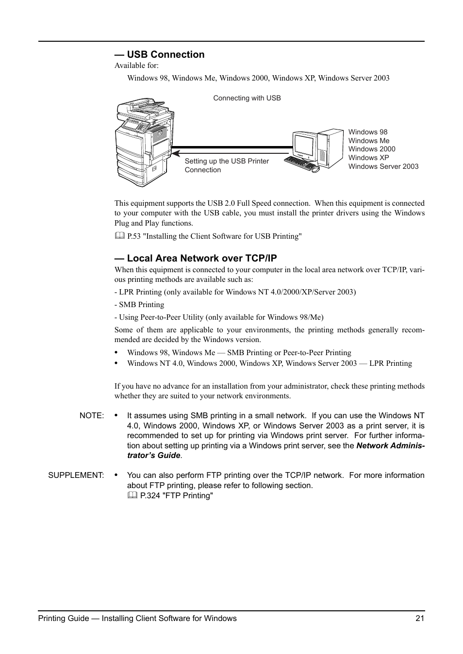 Usb connection, Local area network over tcp/ip, Usb connection local area network over tcp/ip | P.21 "usb connection, P.21 "local area network over tcp/ip | Toshiba ESTUDIO 3511 User Manual | Page 21 / 382