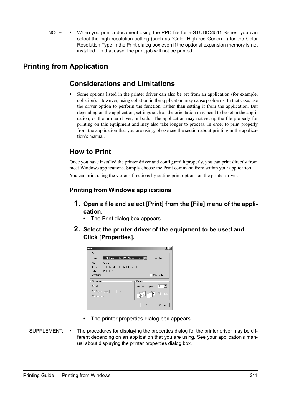 Printing from application, Considerations and limitations, How to print | Considerations and limitations how to print | Toshiba ESTUDIO 3511 User Manual | Page 211 / 382