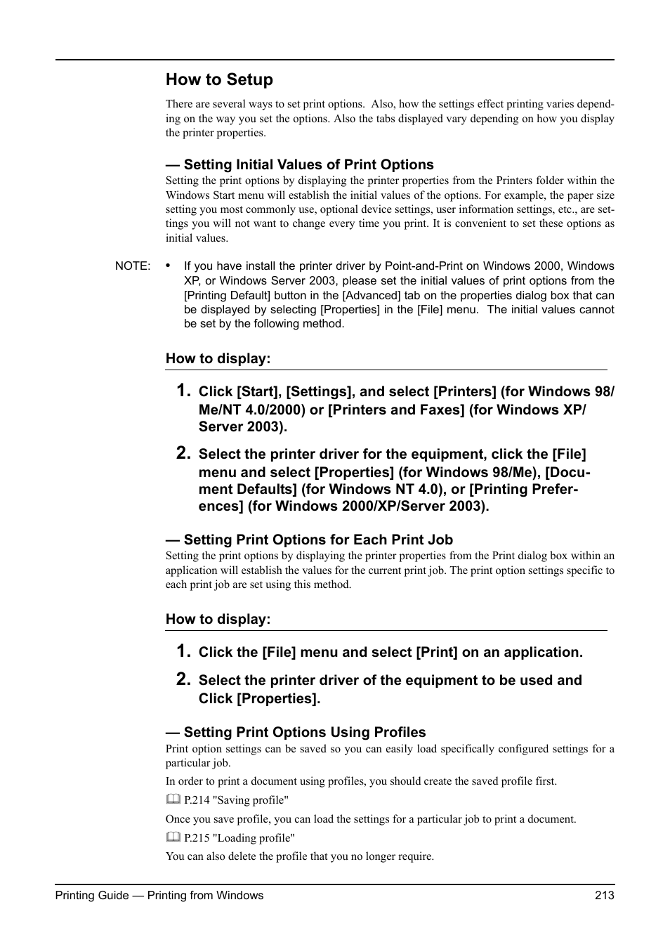 How to setup, Setting initial values of print options, Setting print options for each print job | Setting print options using profiles, P.213 "setting print options using profiles | Toshiba ESTUDIO 3511 User Manual | Page 213 / 382
