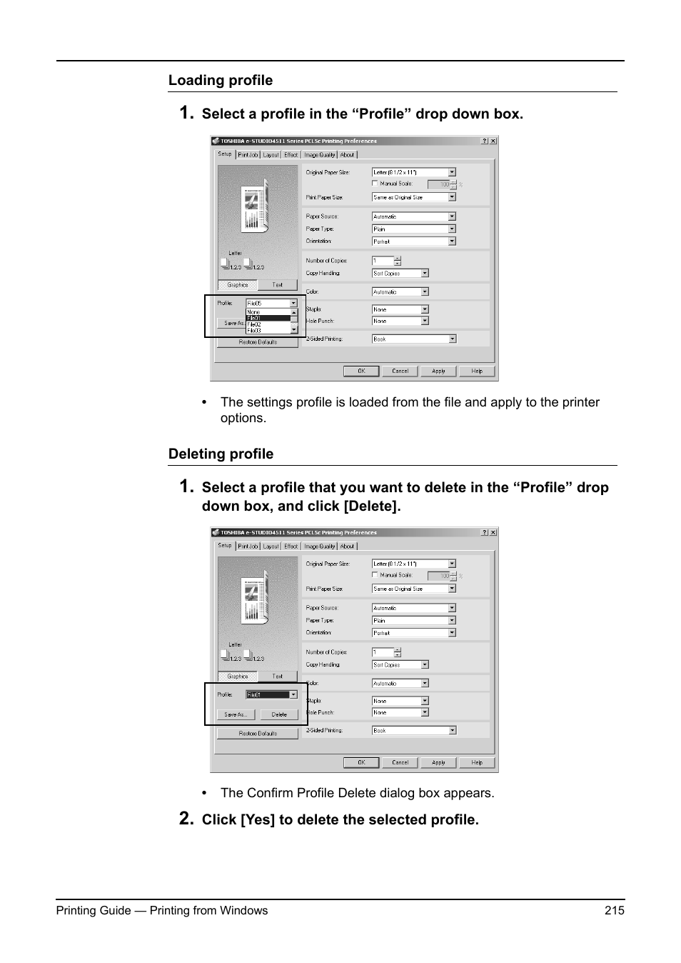 P.215 "loading profile, P.215 "deleting profile | Toshiba ESTUDIO 3511 User Manual | Page 215 / 382