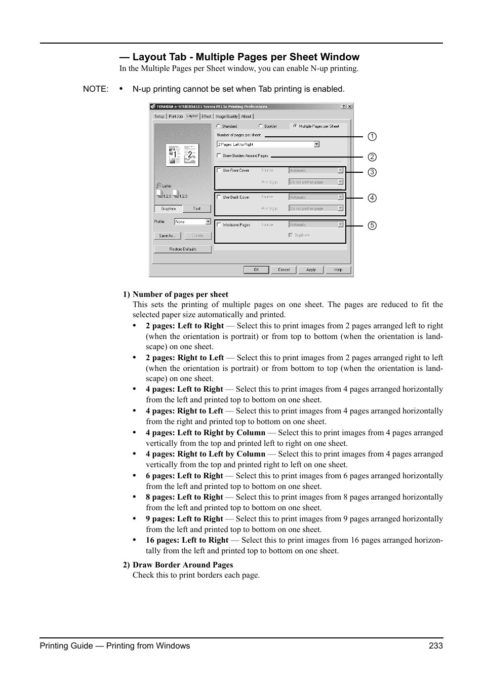 Layout tab - multiple pages per sheet window | Toshiba ESTUDIO 3511 User Manual | Page 233 / 382