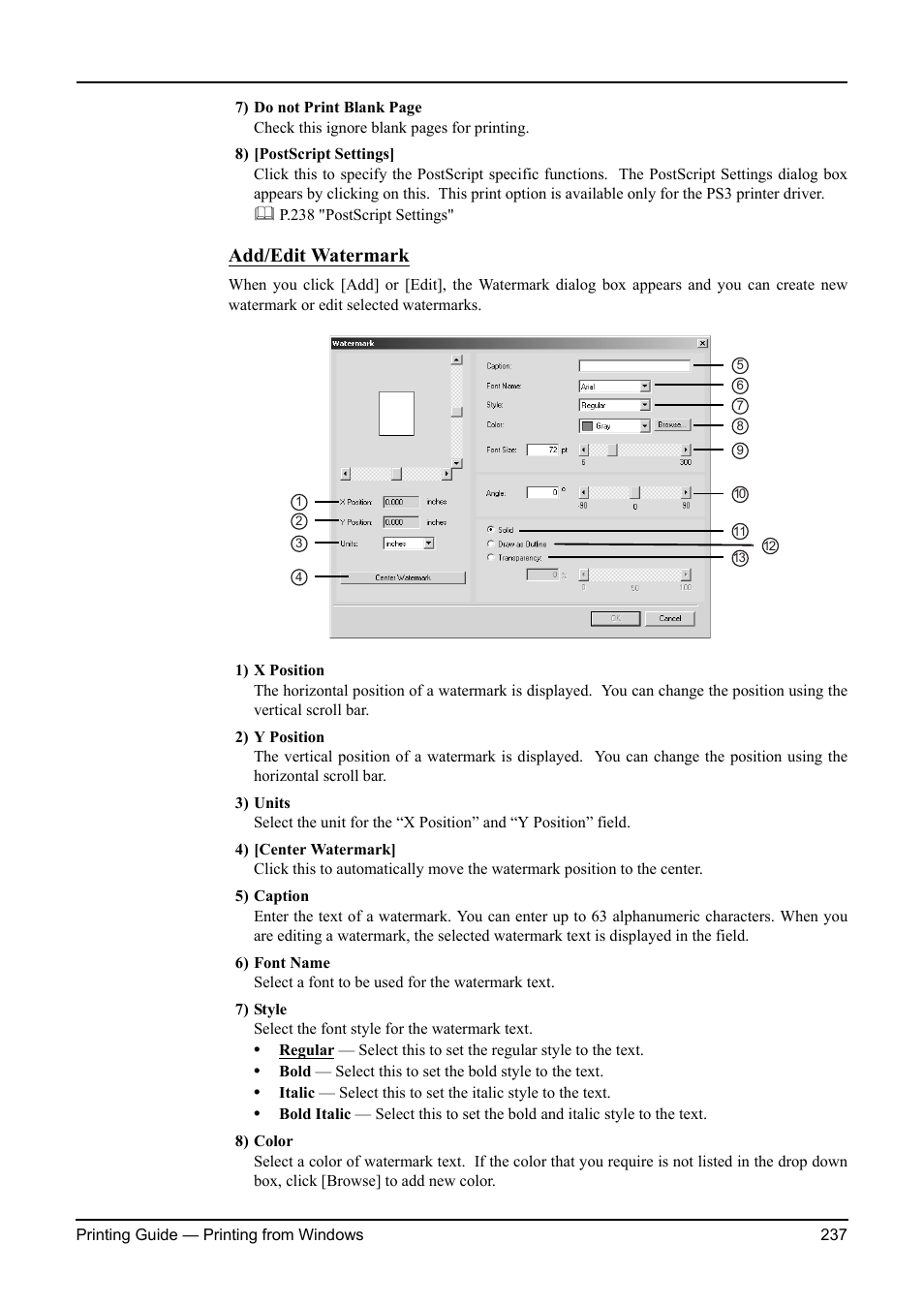 P.237 "add/edit watermark, Add/edit watermark | Toshiba ESTUDIO 3511 User Manual | Page 237 / 382
