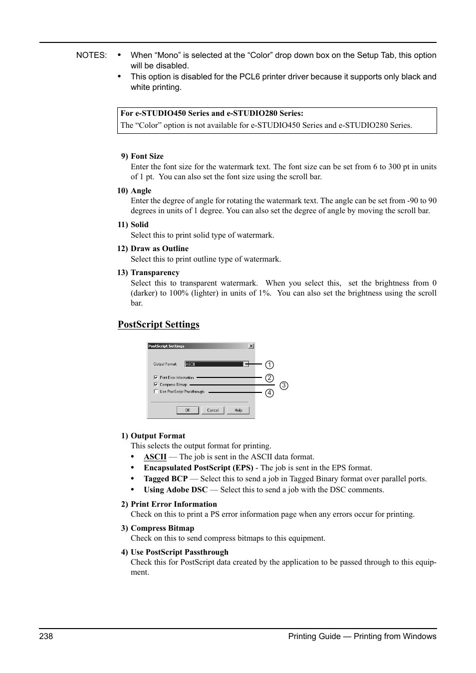 Postscript settings | Toshiba ESTUDIO 3511 User Manual | Page 238 / 382