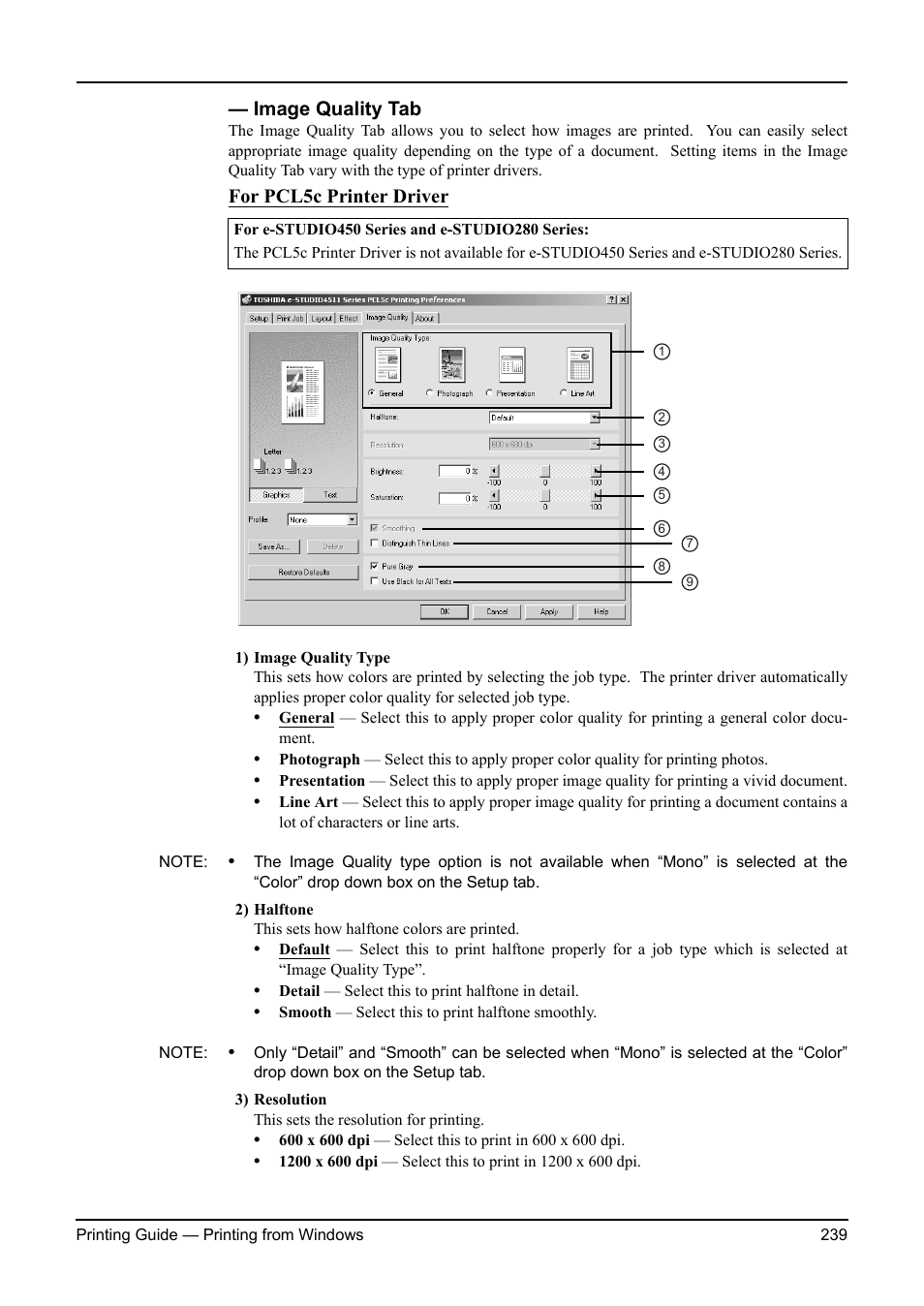 Image quality tab, P.239 "image quality tab, For pcl5c printer driver | Toshiba ESTUDIO 3511 User Manual | Page 239 / 382