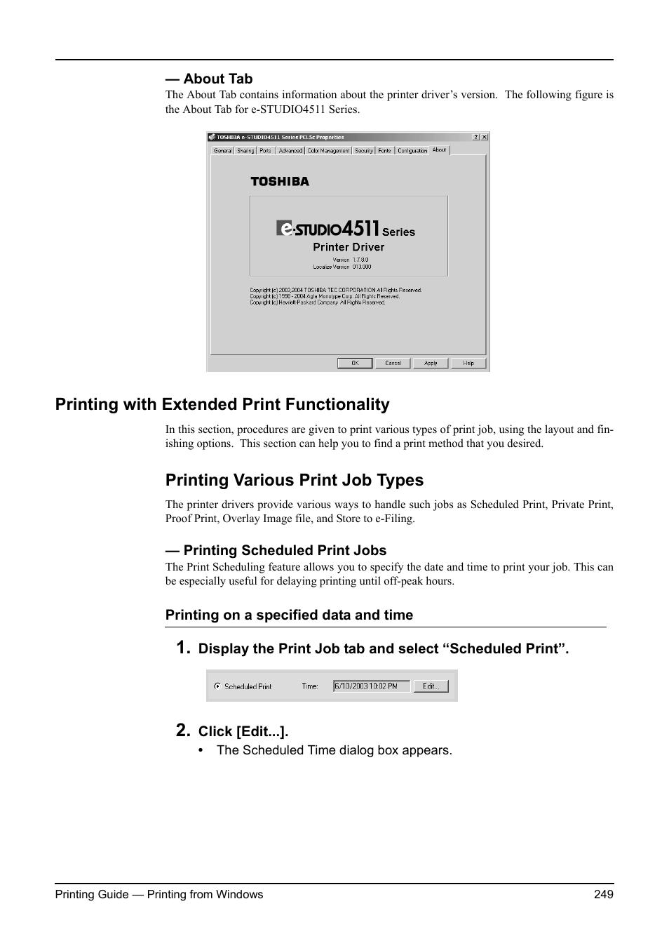 About tab, Printing with extended print functionality, Printing various print job types | Printing scheduled print jobs, P.249 "printing with extended print functionality, P.249 "about tab | Toshiba ESTUDIO 3511 User Manual | Page 249 / 382