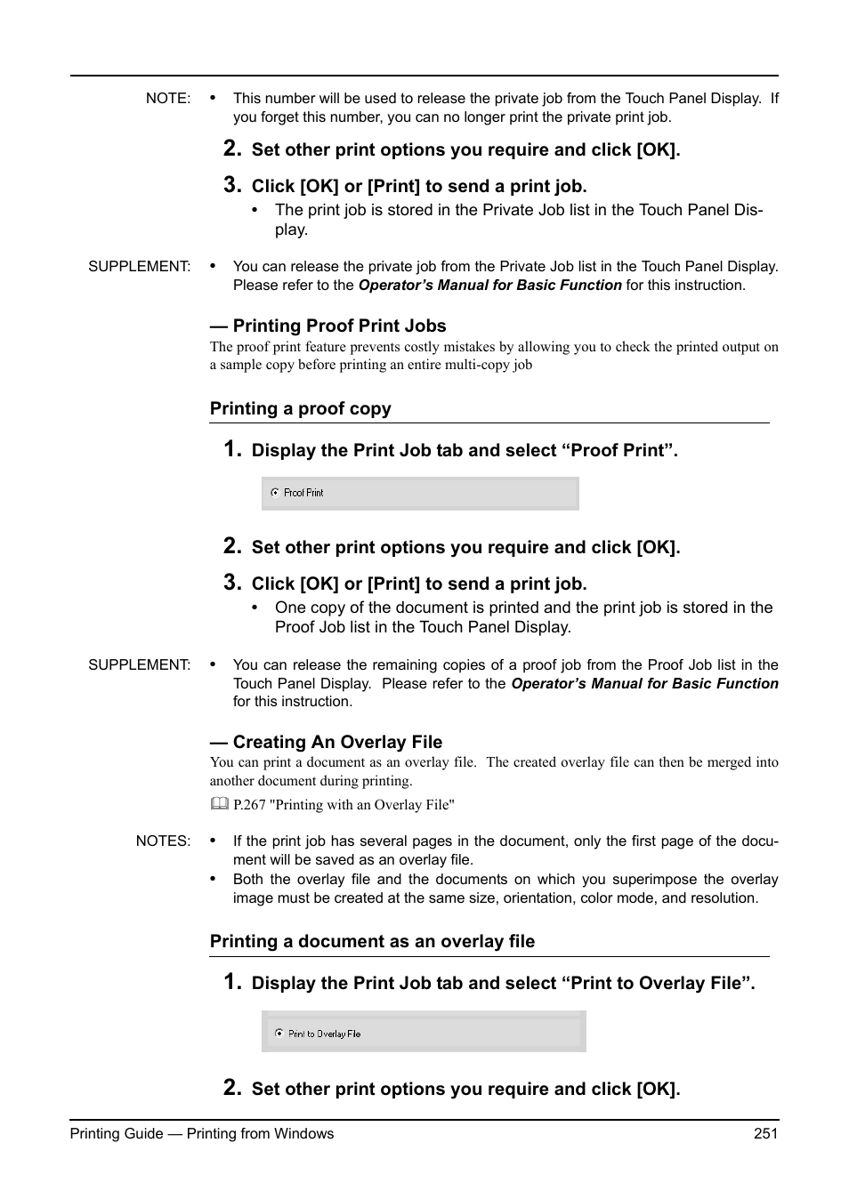 Printing proof print jobs, Creating an overlay file, Printing proof print jobs creating an overlay file | Toshiba ESTUDIO 3511 User Manual | Page 251 / 382