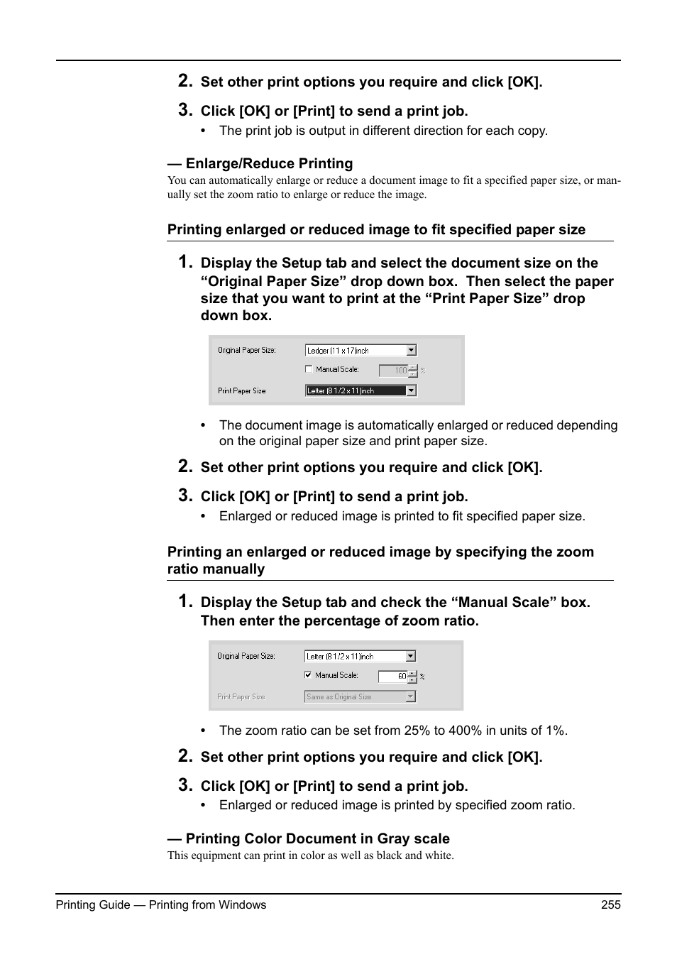 Enlarge/reduce printing, Printing color document in gray scale | Toshiba ESTUDIO 3511 User Manual | Page 255 / 382