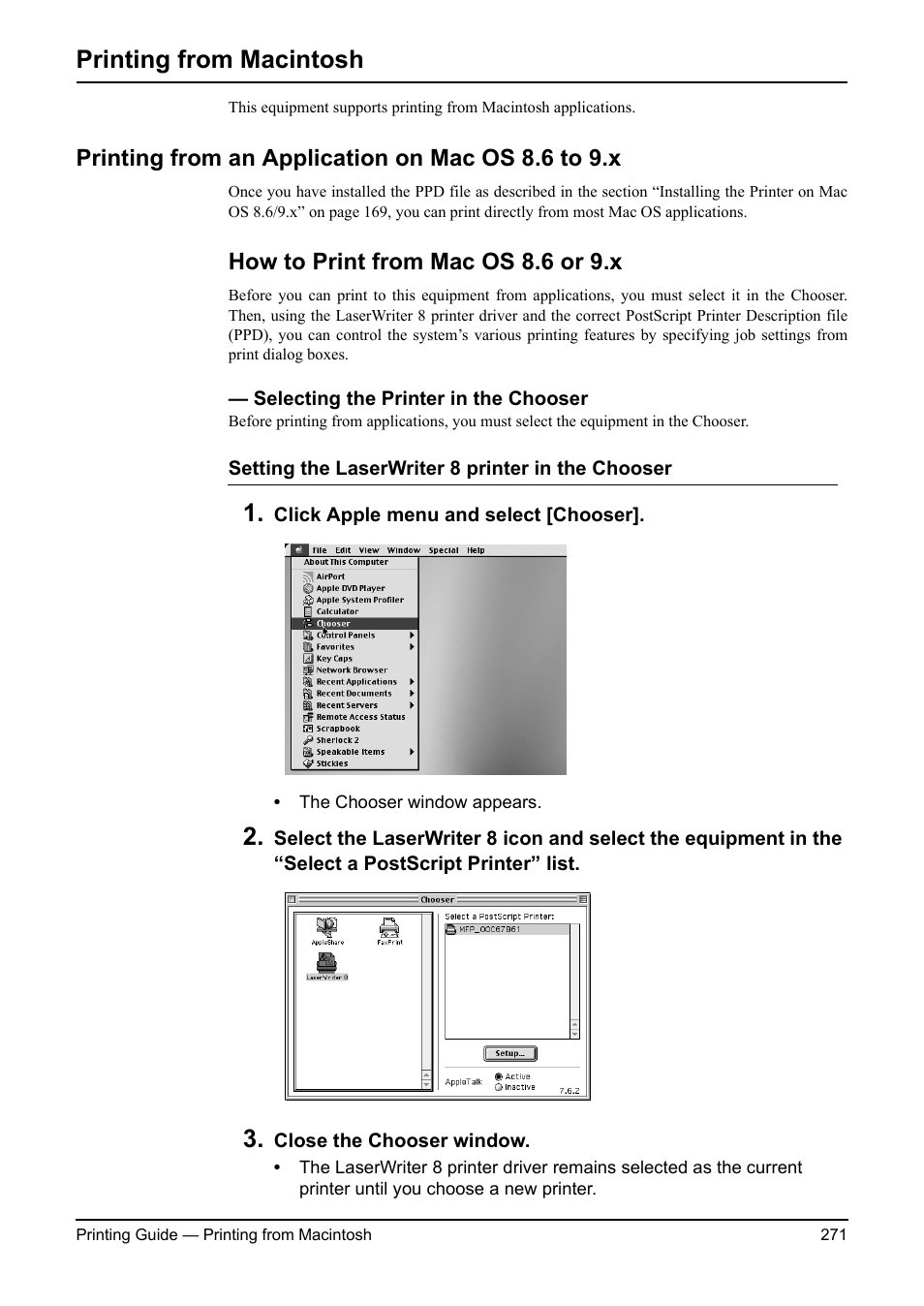 Printing from macintosh, Printing from an application on mac os 8.6 to 9.x, How to print from mac os 8.6 or 9.x | Selecting the printer in the chooser | Toshiba ESTUDIO 3511 User Manual | Page 271 / 382
