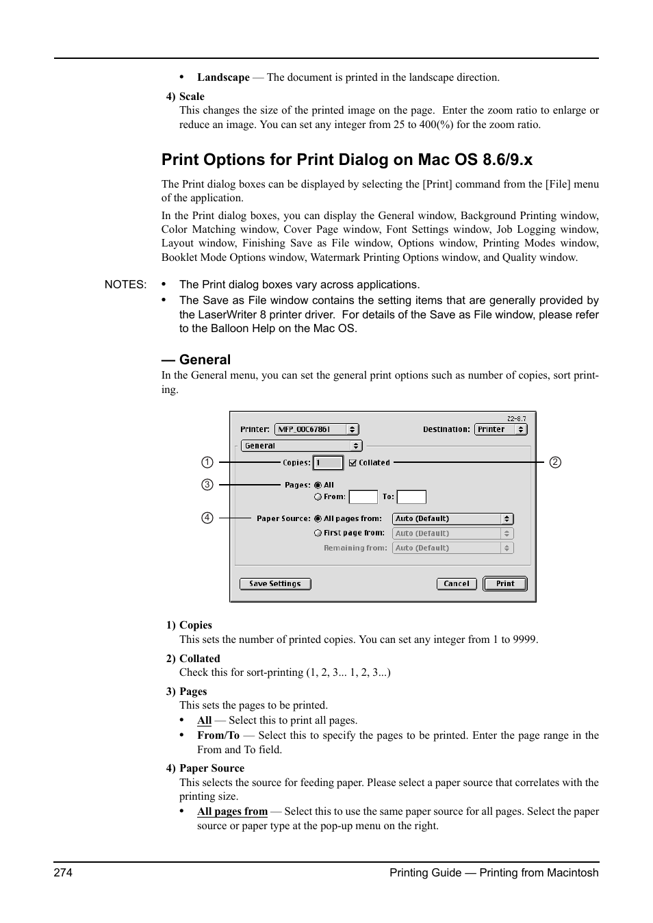 Print options for print dialog on mac os 8.6/9.x, General | Toshiba ESTUDIO 3511 User Manual | Page 274 / 382